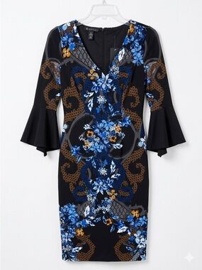 NWOT INC Petite PS Floral Bell Sleeve Midi Sheath Dress - Black/Blue